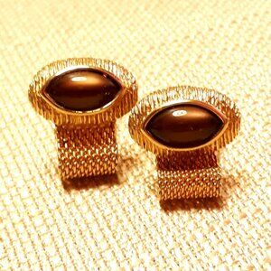Vintage Swank Gold tone Mesh Wraparound Cufflinks Brown Stone Inlays Retro
